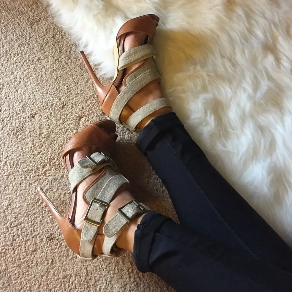 SHOEMINT Brown Strappy Heels